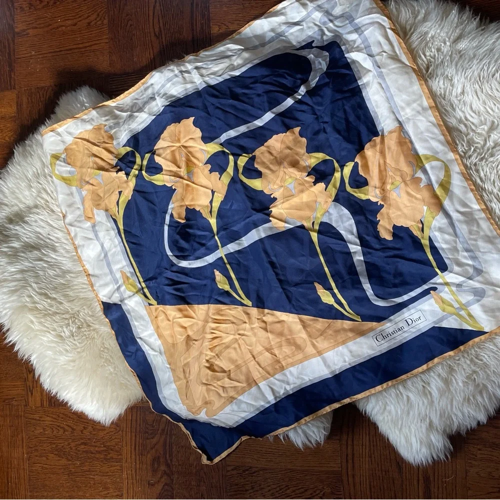 Vintage 70s Christian Dior 100% silk scarf abstract Iris design and logo large